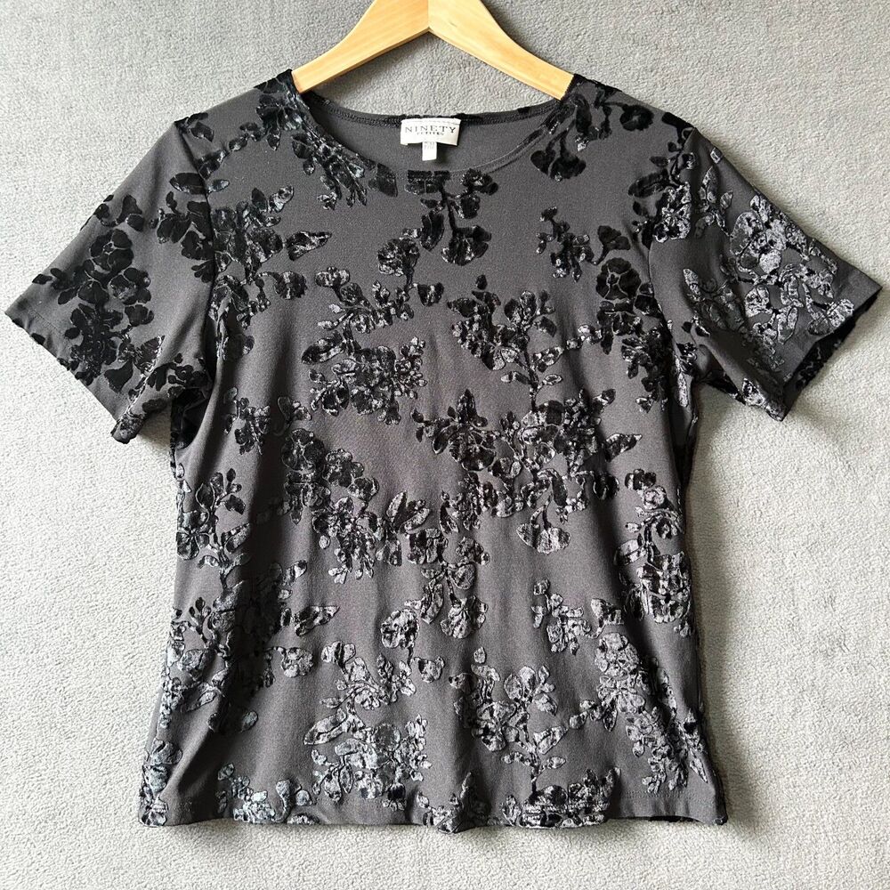 Vintage Ninety Velvet Burnout Top Women's Petite M Black Floral Short Sleeve